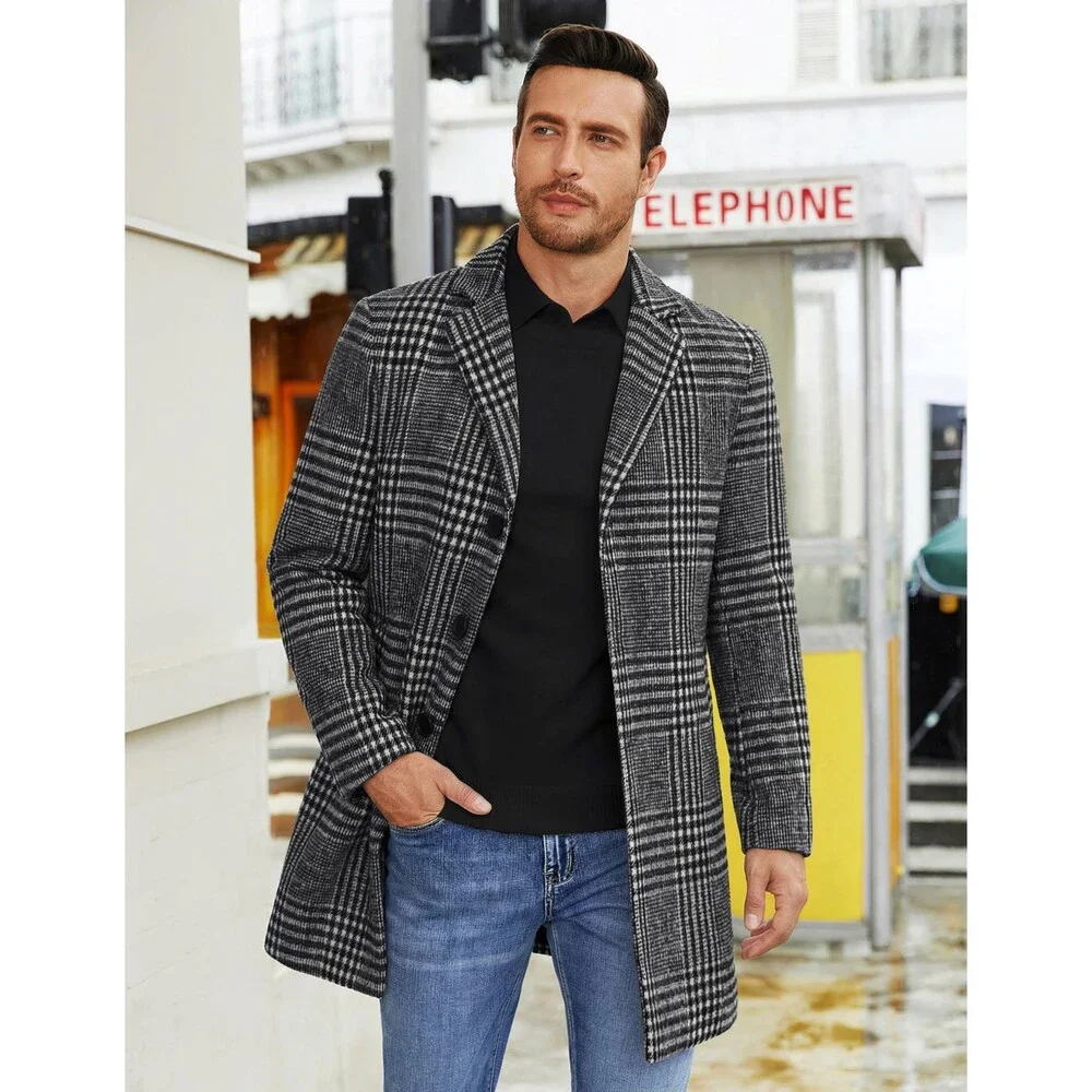 COOFANDY Men's Black Plaid Overcoat Winter Peacoat Men Wool Coats Trench Coat L
